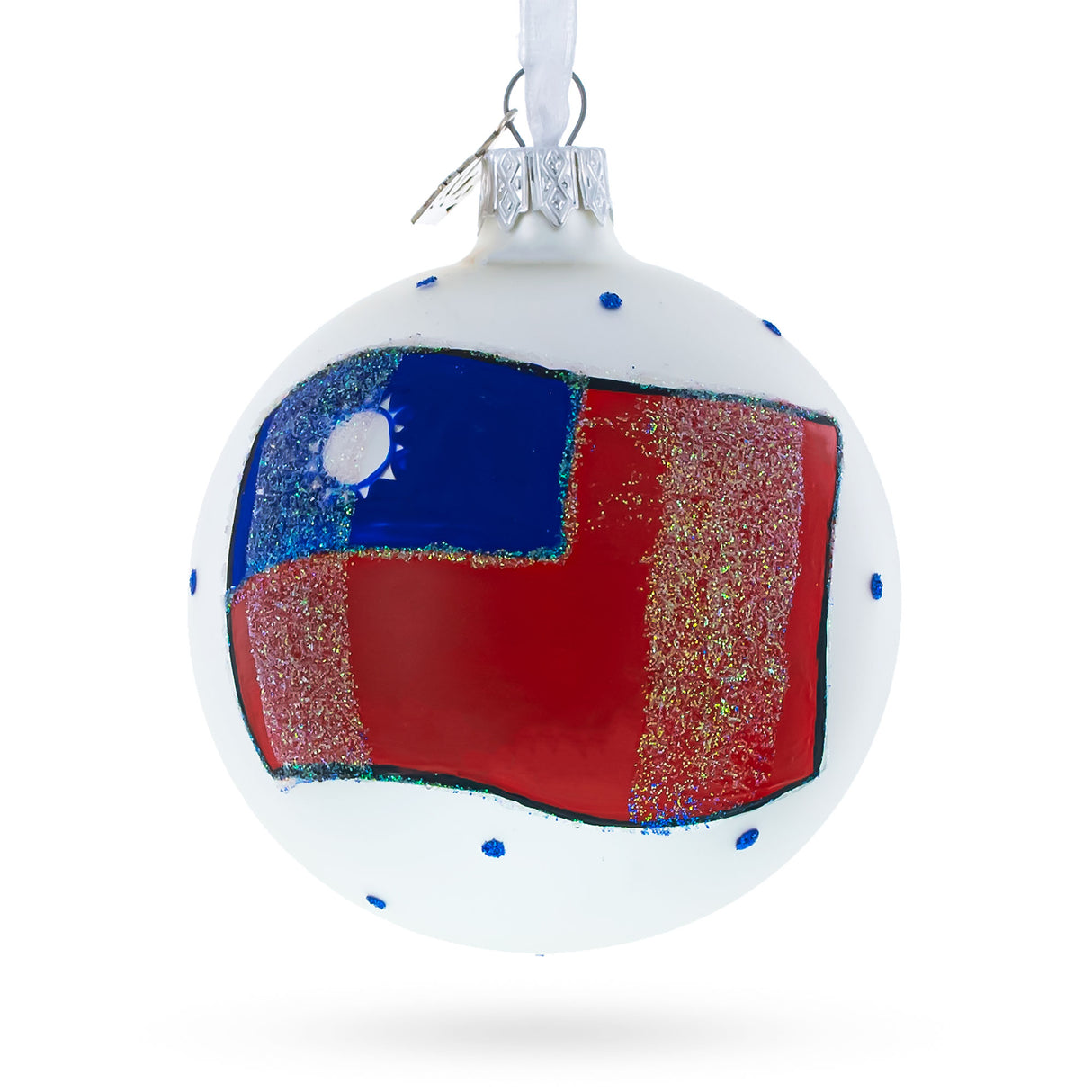 Taiwanese National Flag Blown Glass Ball Christmas Ornament 3.25 Inches in Multi color, Round shape