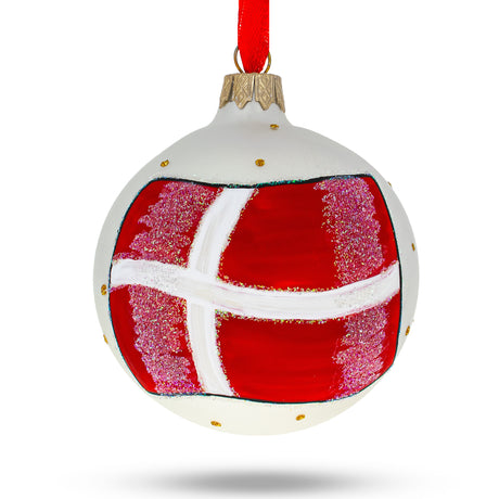 Glass Flag of Denmark Blown Glass Ball Christmas Ornament 3.25 Inches in Red color Round