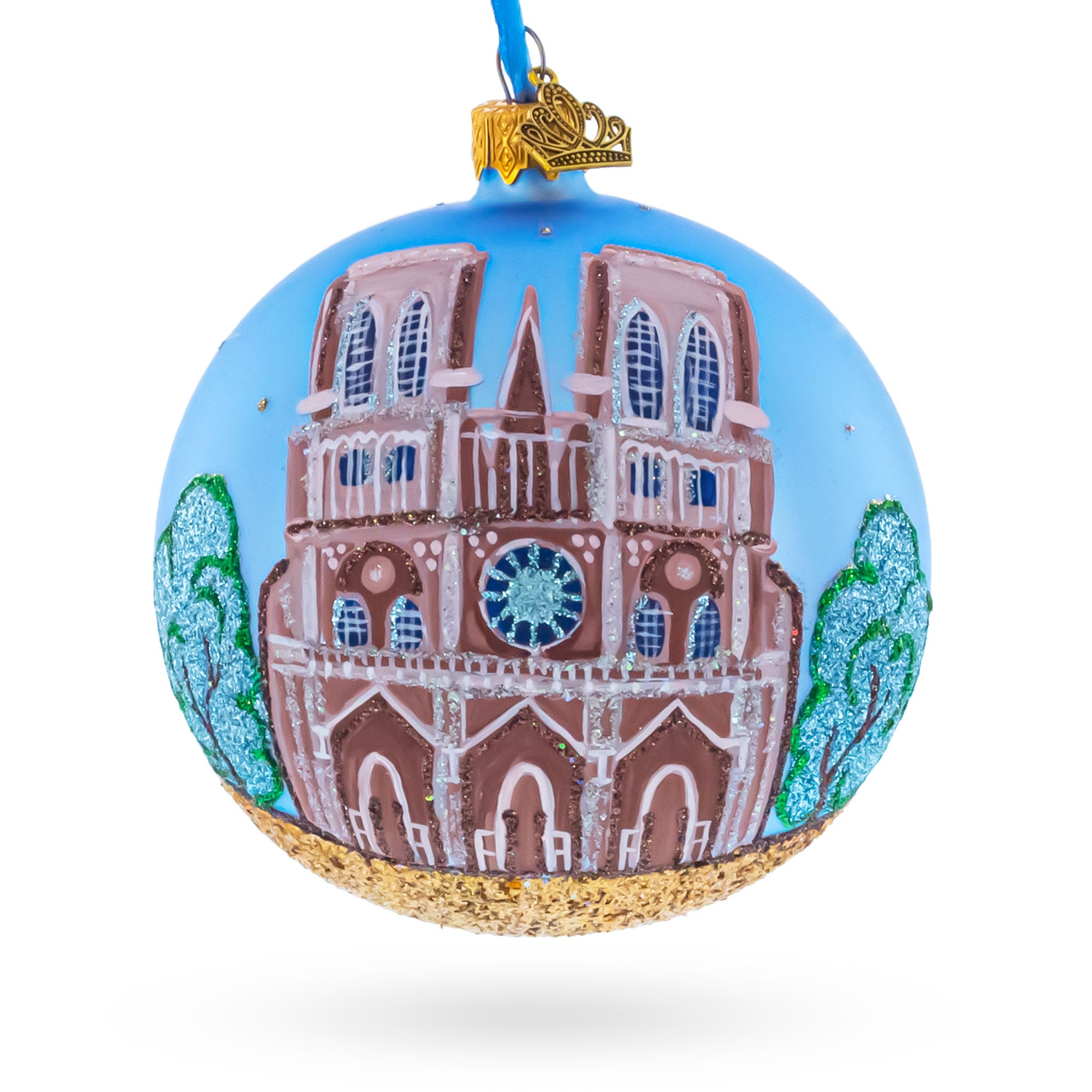 Notre-Dame De Paris Cathedral, France Glass Ball Christmas Ornament 4 Inches in Blue color Round
