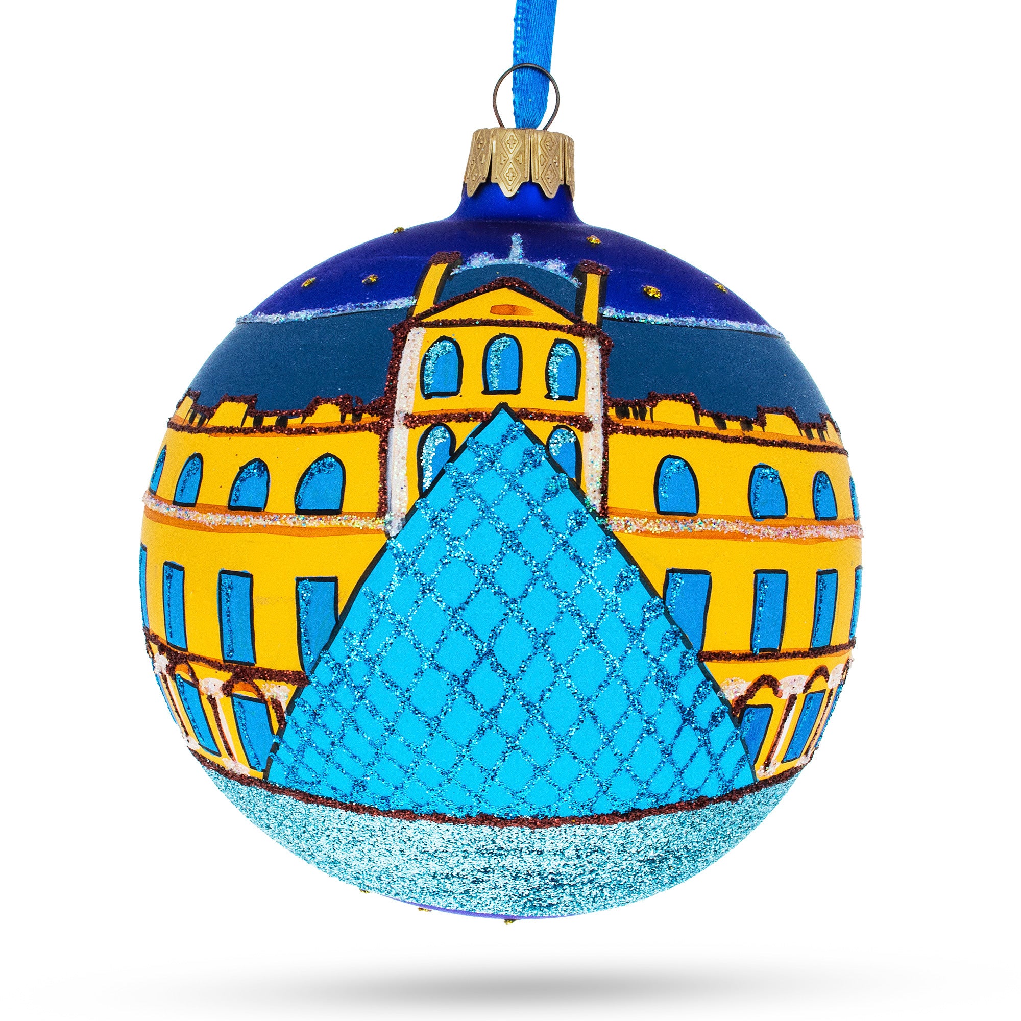 Louvre, Paris, France Glass Ball Christmas Ornament 4 Inches in Blue color Round