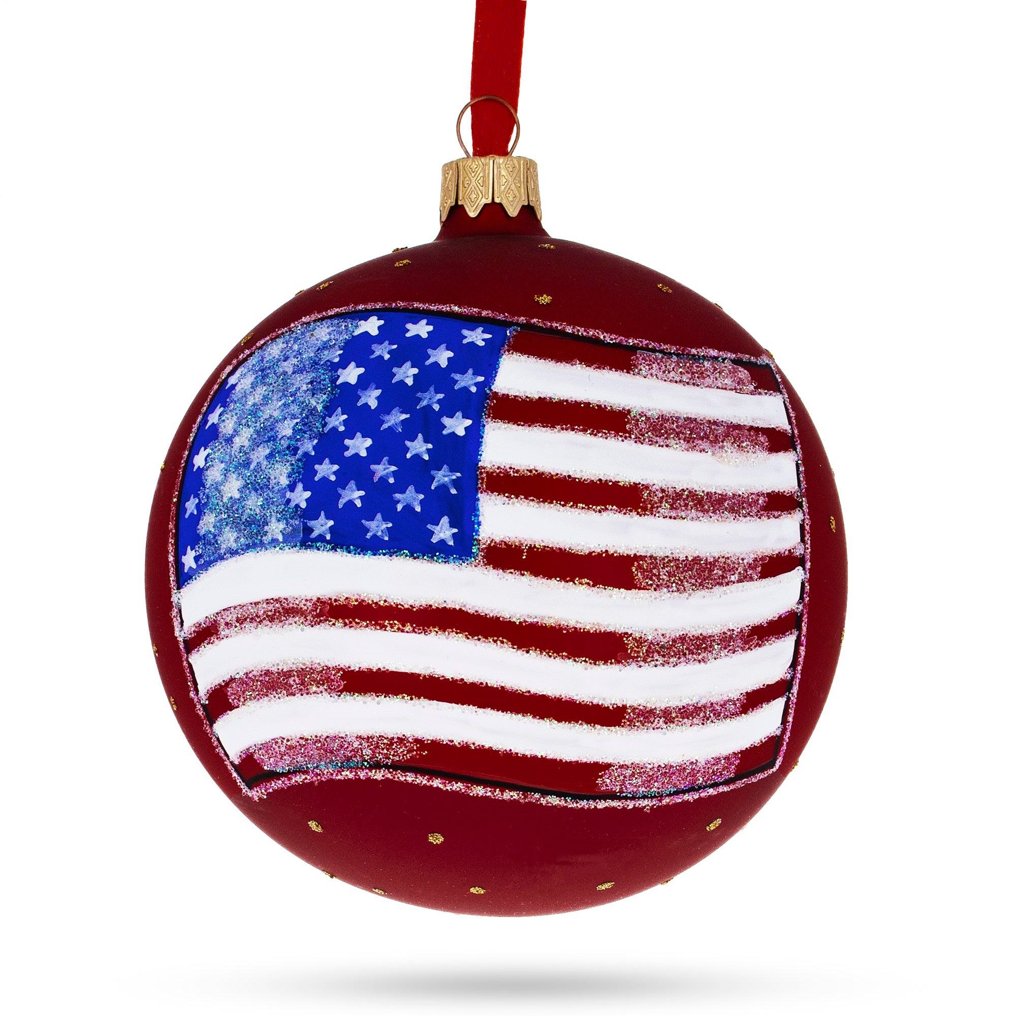 Flag of United States of America on Red Glass Ball Christmas Ornament 4 Inches in Red color Round