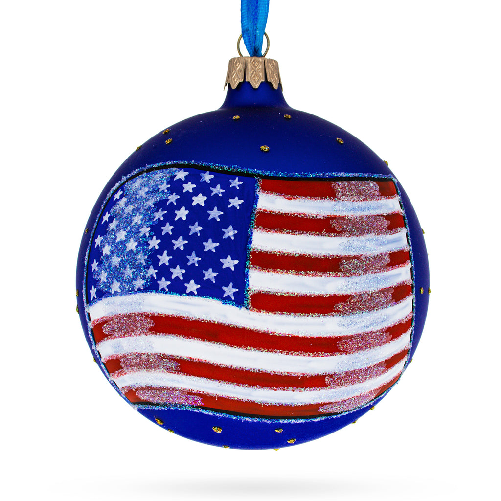 Glass Flag of United States of America on Blue Glass Ball Christmas Ornament 4 Inches in Blue color Round