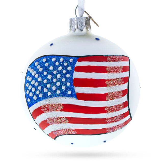 Glass Flag of United States of America on White Glass Ball Christmas Ornament 3.25 Inches in Multi color Round