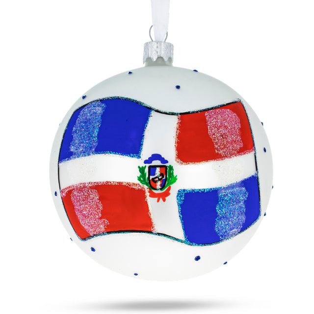 Caribbean Beauty: Dominican Republic Flag Blown Glass Ball Christmas Ornament 4 Inches in Multi color, Round shape