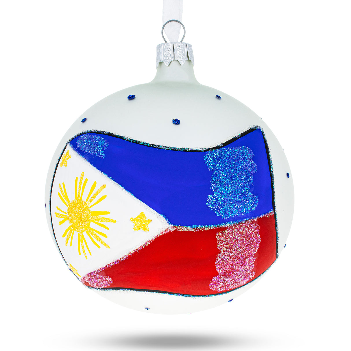 Sun and Stars: Philippines Flag Blown Glass Ball Christmas Ornament 4 Inches in Multi color, Round shape