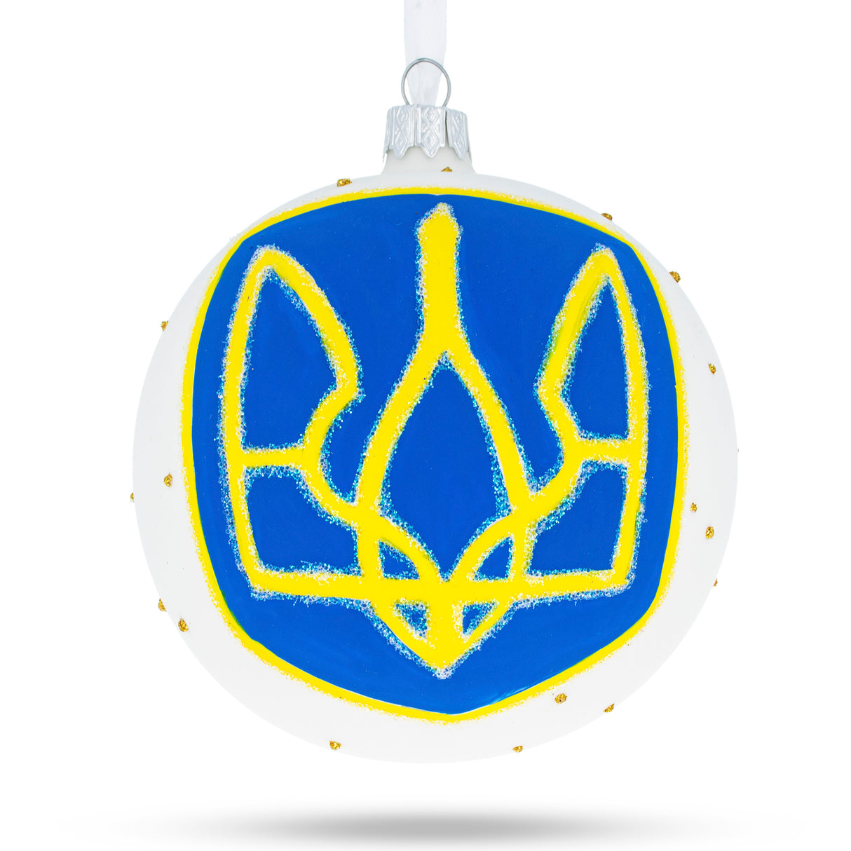 Golden Trident: Ukraine Coat of Arms Blown Glass Ball Christmas Ornament 4 Inches in Multi color, Round shape