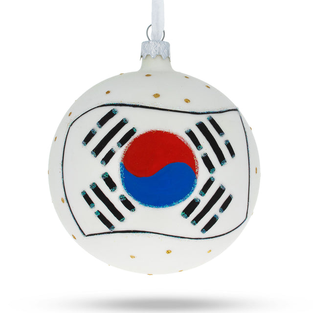 Flag of South Korea Blown Glass Ball Christmas Ornament 4 Inches in Multi color, Round shape