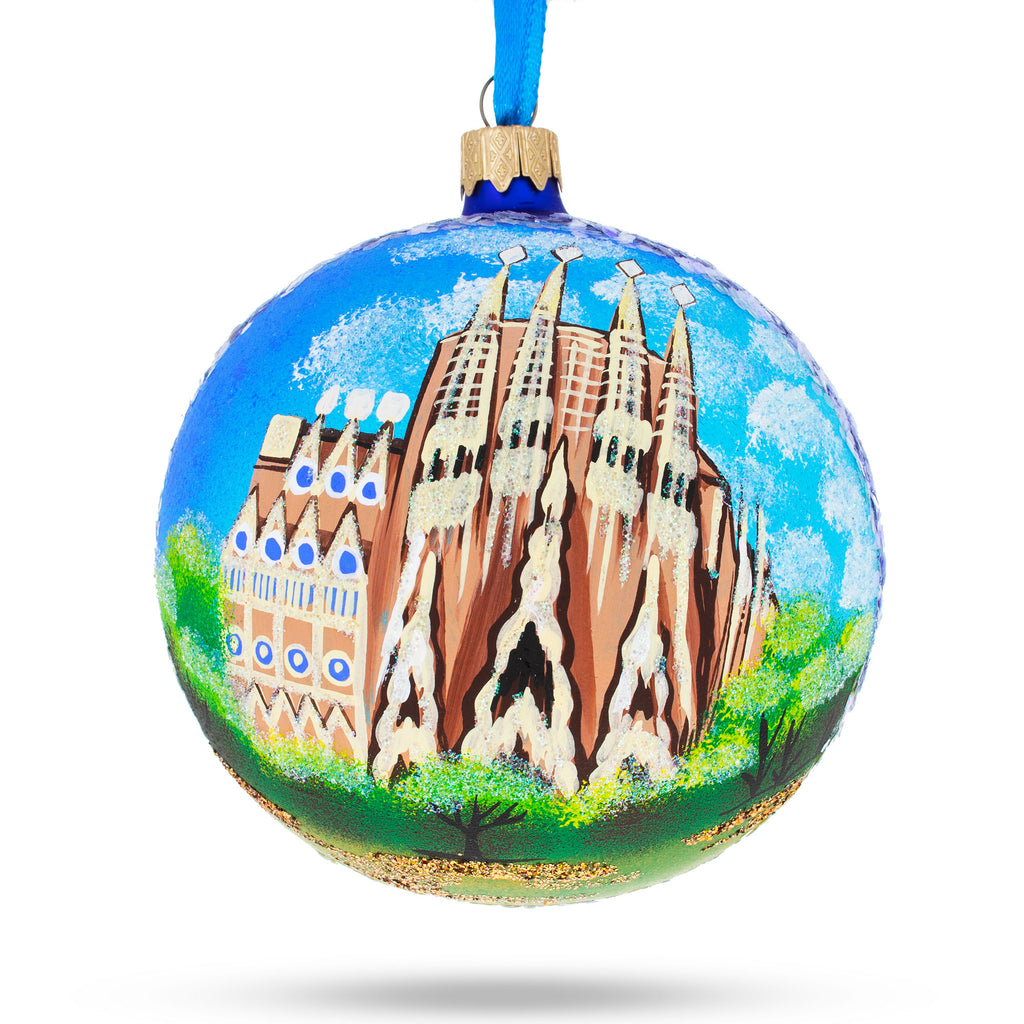 Glass La Sagrada Familia, Barcelona, Spain Glass Ball Christmas Ornament 4 Inches in Multi color Round