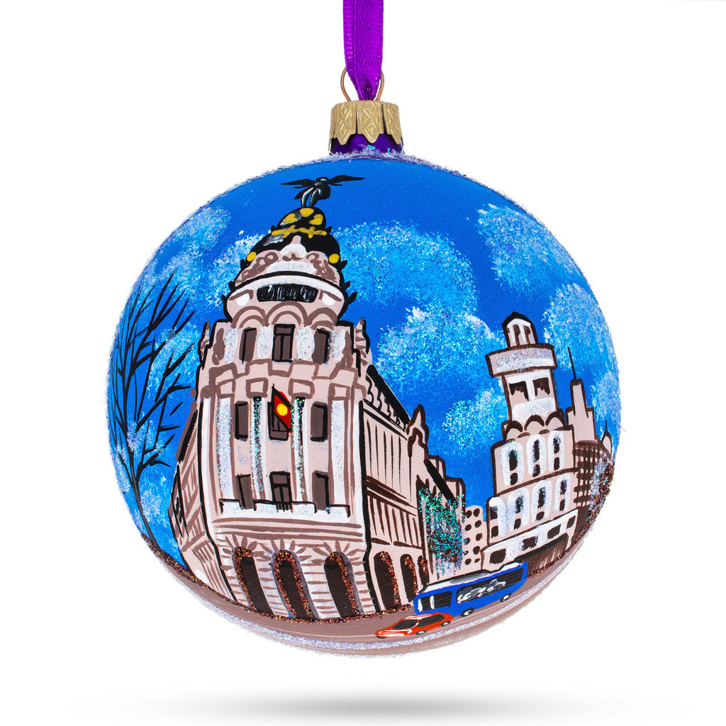 Glass Gran Via, Madrid, Spain Glass Ball Christmas Ornament 4 Inches in Multi color Round
