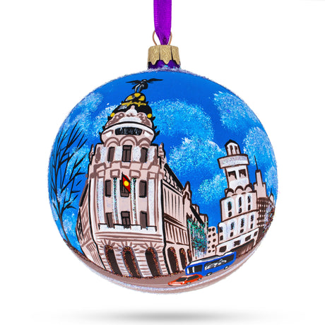 Gran Via, Madrid, Spain Glass Ball Christmas Ornament 4 Inches in Multi color Round