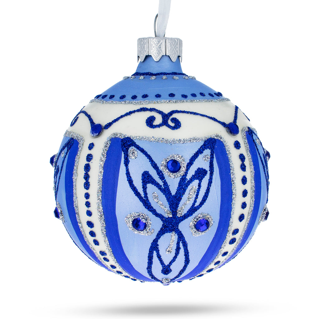 Blue Leaves Glass Ball Christmas Ornament 3.25 Inches in Multi color Round