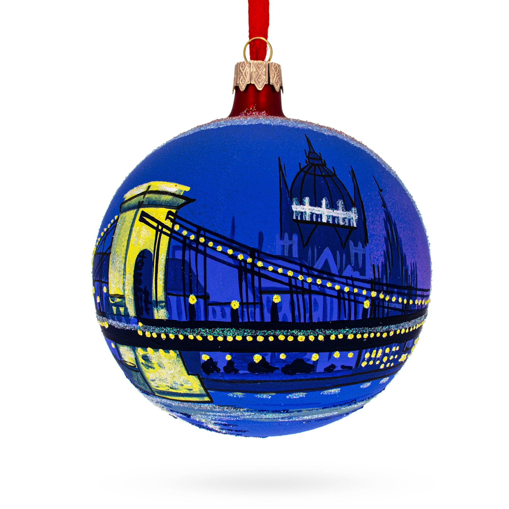 The Szechenyi Chain Bridge, Budapest, Hungary Glass Ball Christmas Ornament 4 Inches in Multi color Round