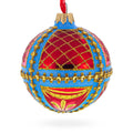 Trellis on Blue and Red Glass Ball Christmas Ornament 3.25 Inches in Multi color Round