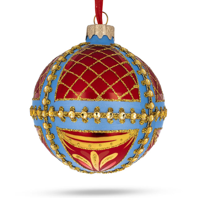 Majestic Mosaic: Trellis on Blue and Red Blown Glass Ball Christmas Ornament 3.25 Inches in Multi color, Round shape