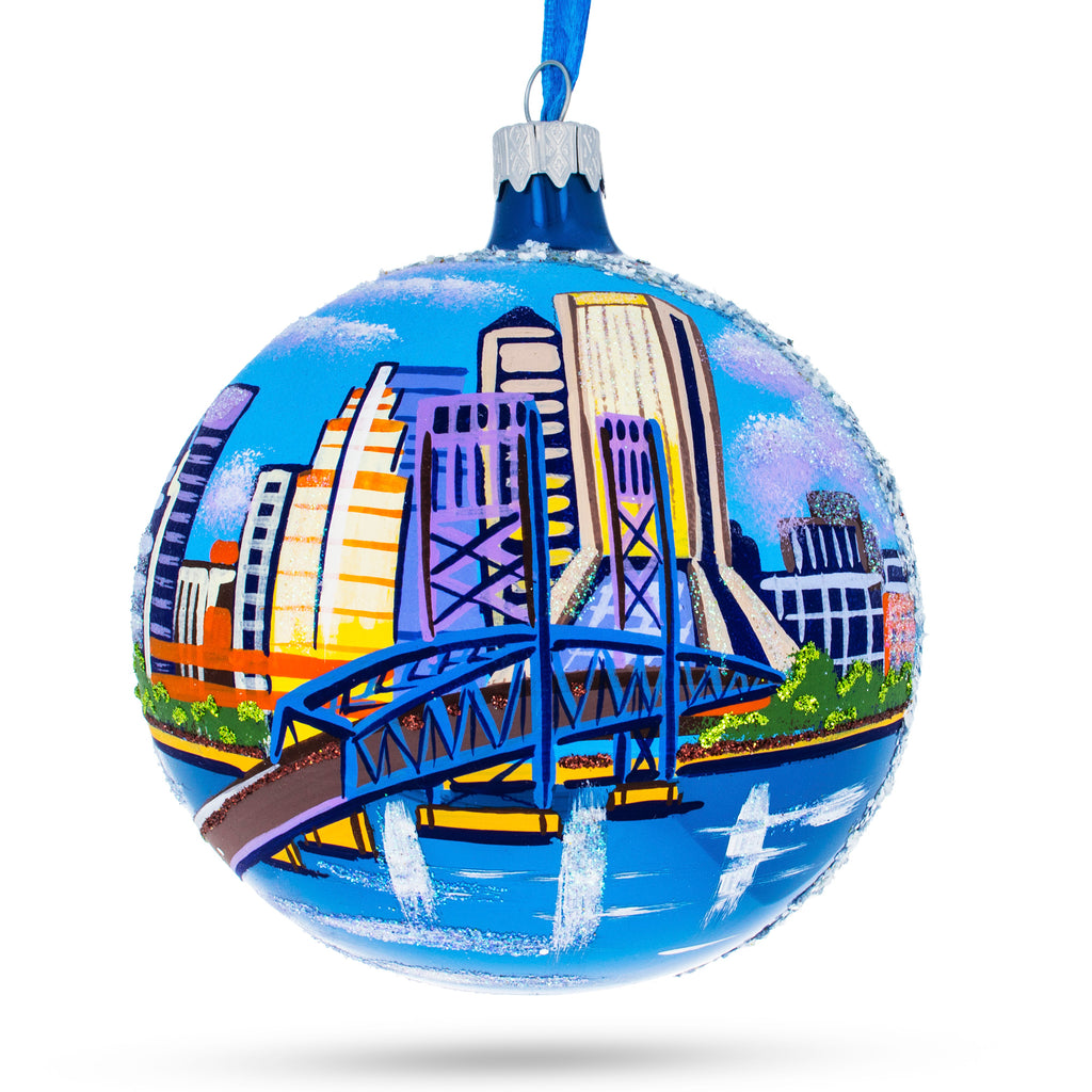 Glass Jacksonville, Florida, USA Glass Ball Christmas Ornament 4 Inches in Multi color Round