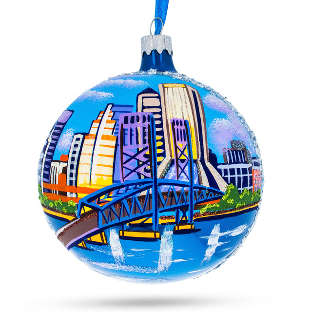 Jacksonville, Florida, USA Glass Ball Christmas Ornament 4 Inches in Multi color Round