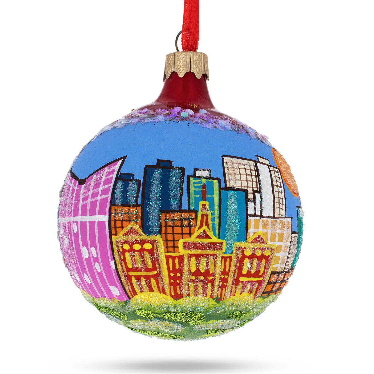 Glass Fort Worth, Texas, USA Glass Christmas Ornament 3.25 Inches in Multi color Round