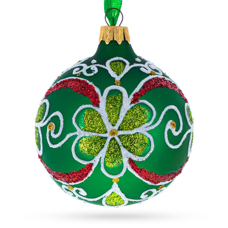 Emerald Blooms: Flowers on Green Blown Glass Ball Christmas Ornament 3.25 Inches in Green color, Round shape
