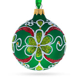 Flowers on Green Glass Ball Christmas Ornament 3.25 Inches in Green color Round