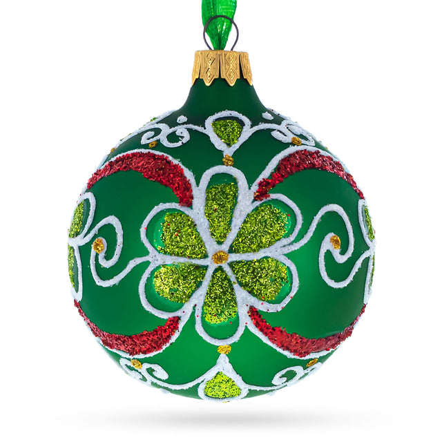 Flowers on Green Glass Ball Christmas Ornament 3.25 Inches in Green color Round