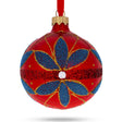 Glass Ruby Rendezvous: Blue Flowers on Red Blown Glass Ball Christmas Ornament 3.25 Inches in Red color Round