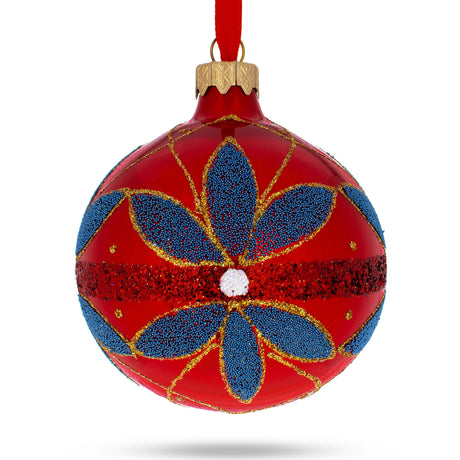 Blue Flowers on Red Glass Ball Christmas Ornament 3.25 Inches in Red color Round