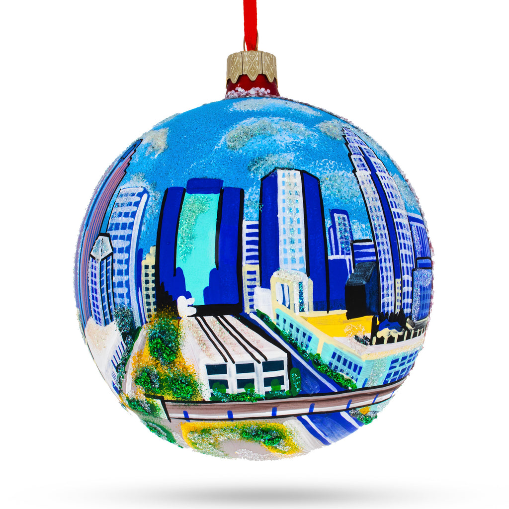 Charlotte, North Carolina, USA Glass Ball Christmas Ornament 4 Inches in Multi color Round