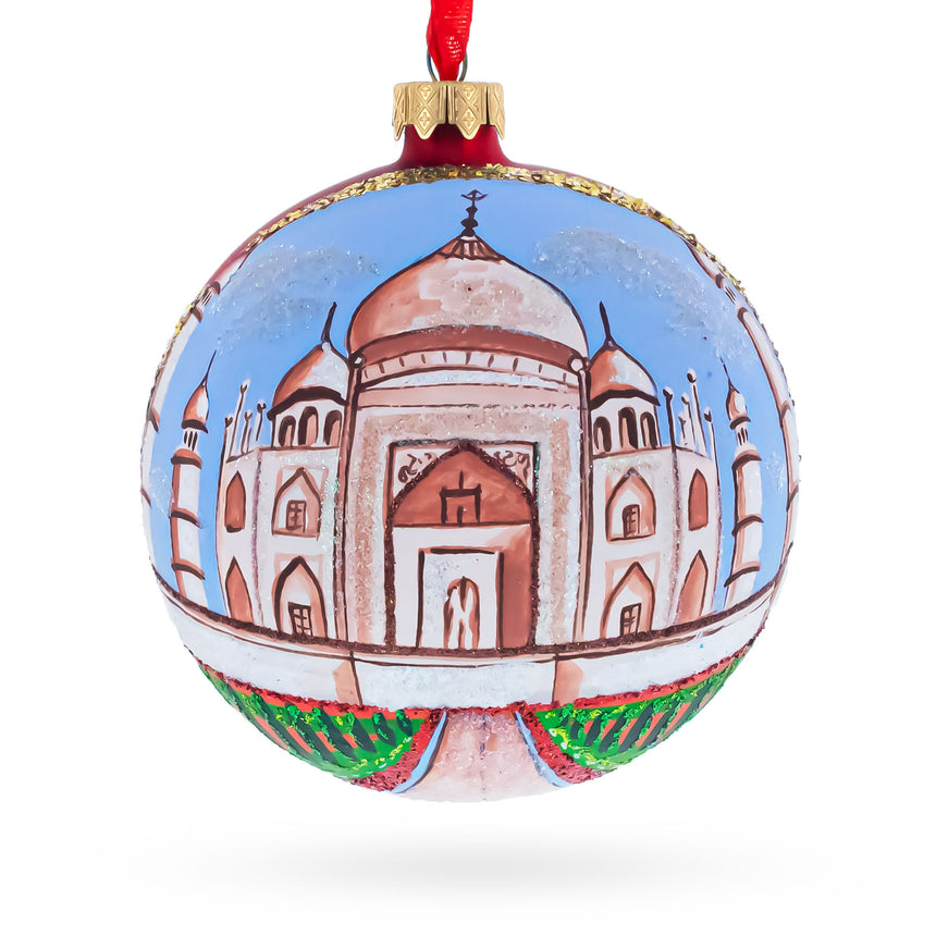 Taj Mahal, India Glass Ball Christmas Ornament 4 Inches in Multi color Round