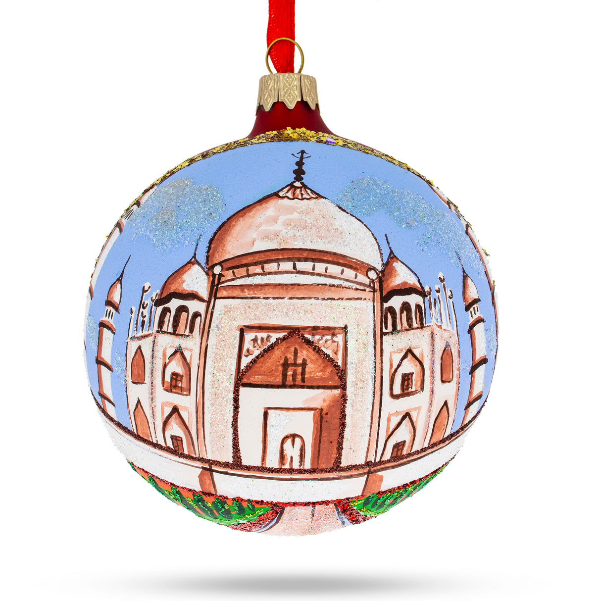 Taj Mahal, India Glass Ball Christmas Ornament 4 Inches in Multi color, Round shape
