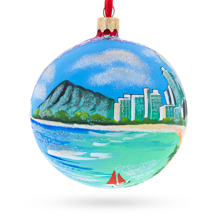 Honolulu, Hawaii Glass Ball Christmas Ornament 4 Inches in Multi color Round