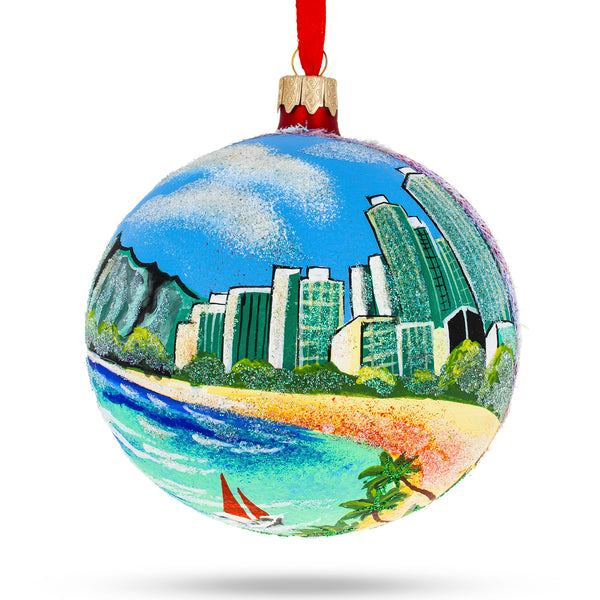 Honolulu, Hawaii Glass Ball Christmas Ornament 4 Inches in Multi color, Round shape