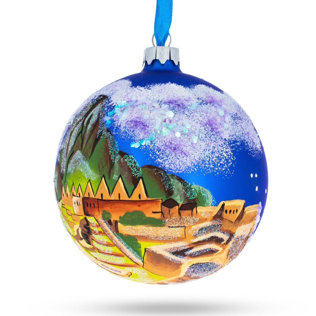 Glass Machu Picchu, Peru Glass Christmas Ball Ornament 4 Inches in Multi color Round