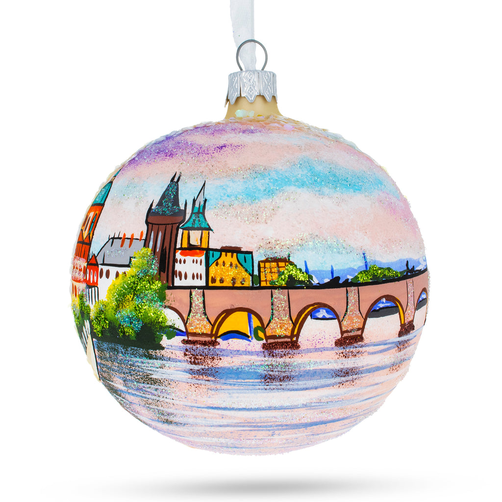 Glass Karluv Most, Prague, Czech Republic Glass Ball Christmas Ornament 4 Inches in Multi color Round