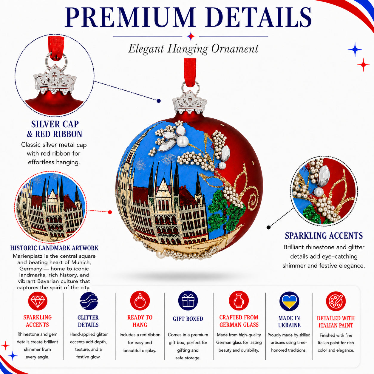 BestPysanky online gift shop sells marienplatz munich germany glass ball christmas ornament ornaments travel europe multi cm material crafted german creation method mouth blown hand painted finish detailed italian paint accent enhanced colorful ribbon hanging design styled usa