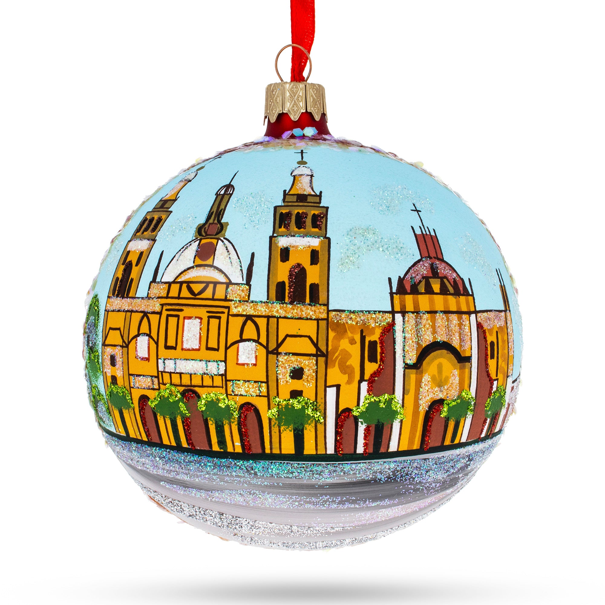Zocalo, Mexico City, Mexico Glass Ball Christmas Ornament 4 Inches in Multi color Round