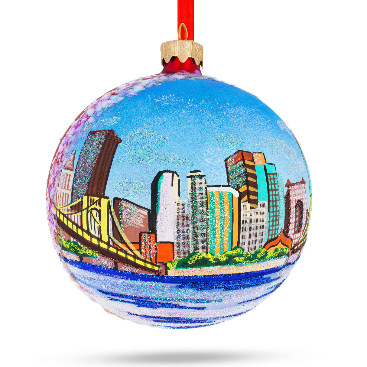 Glass Pittsburgh, Pennsylvania Glass Ball Christmas Ornament 4 Inches in Multi color Round