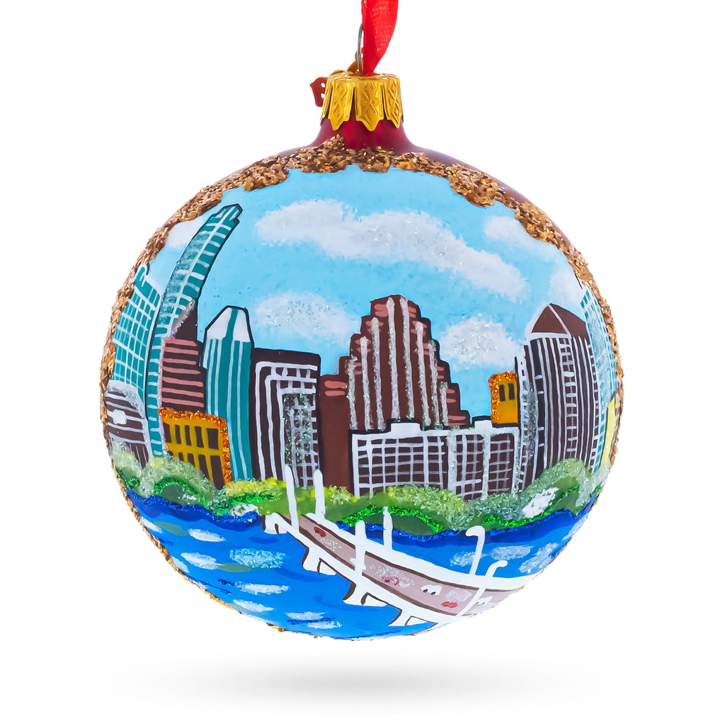 Austin, Texas Glass Ball Christmas Ornament 4 Inches in Multi color Round