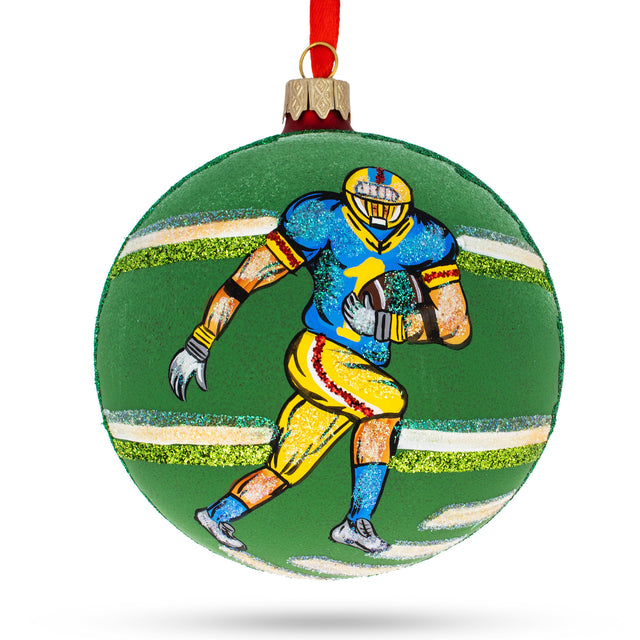 Gridiron Glory: Football Player Blown Glass Ball Christmas Sports Ornament 4 Inches in Green color, Round shape