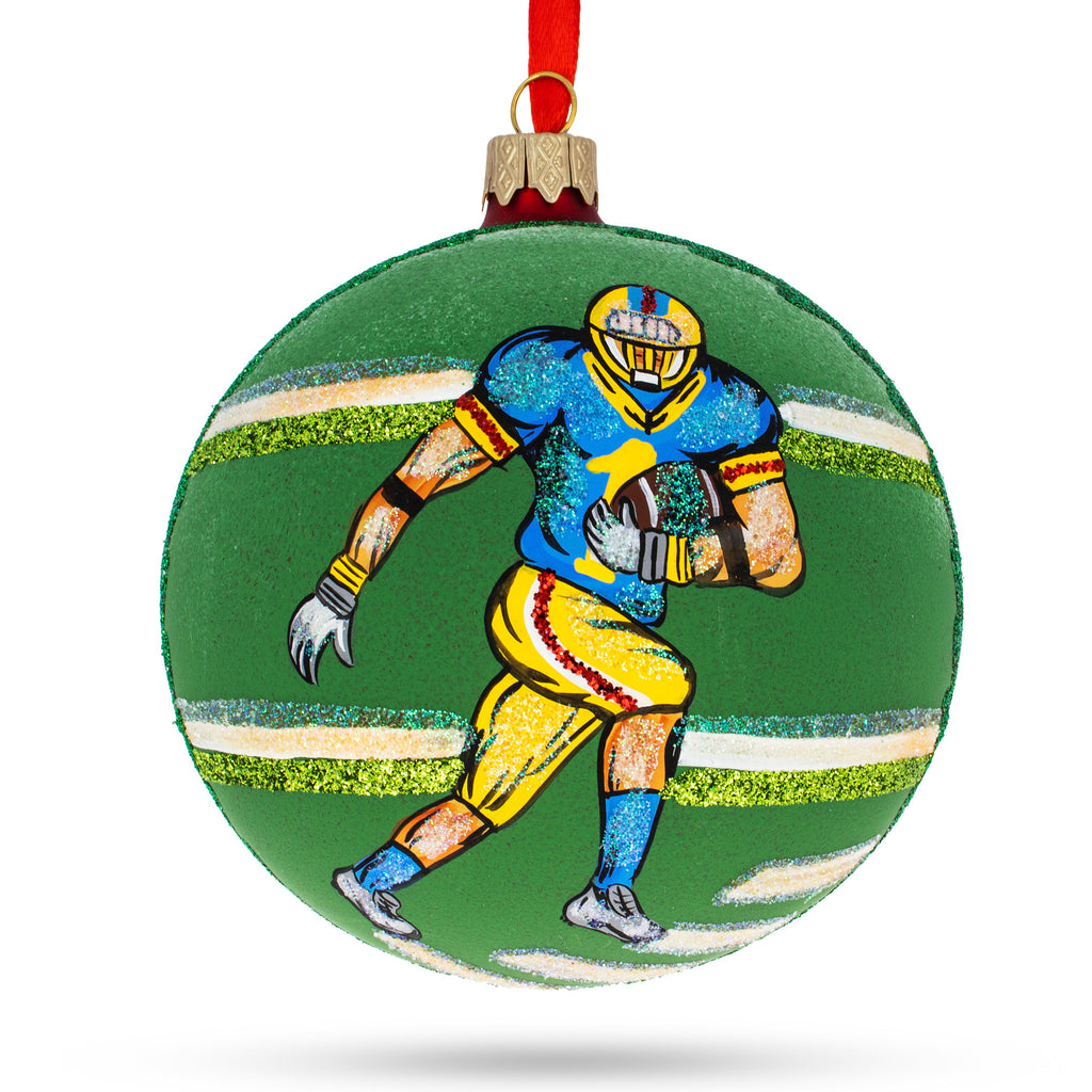 Football Player Glass Ball Christmas Sports Ornament 4 Inches in Green color Round