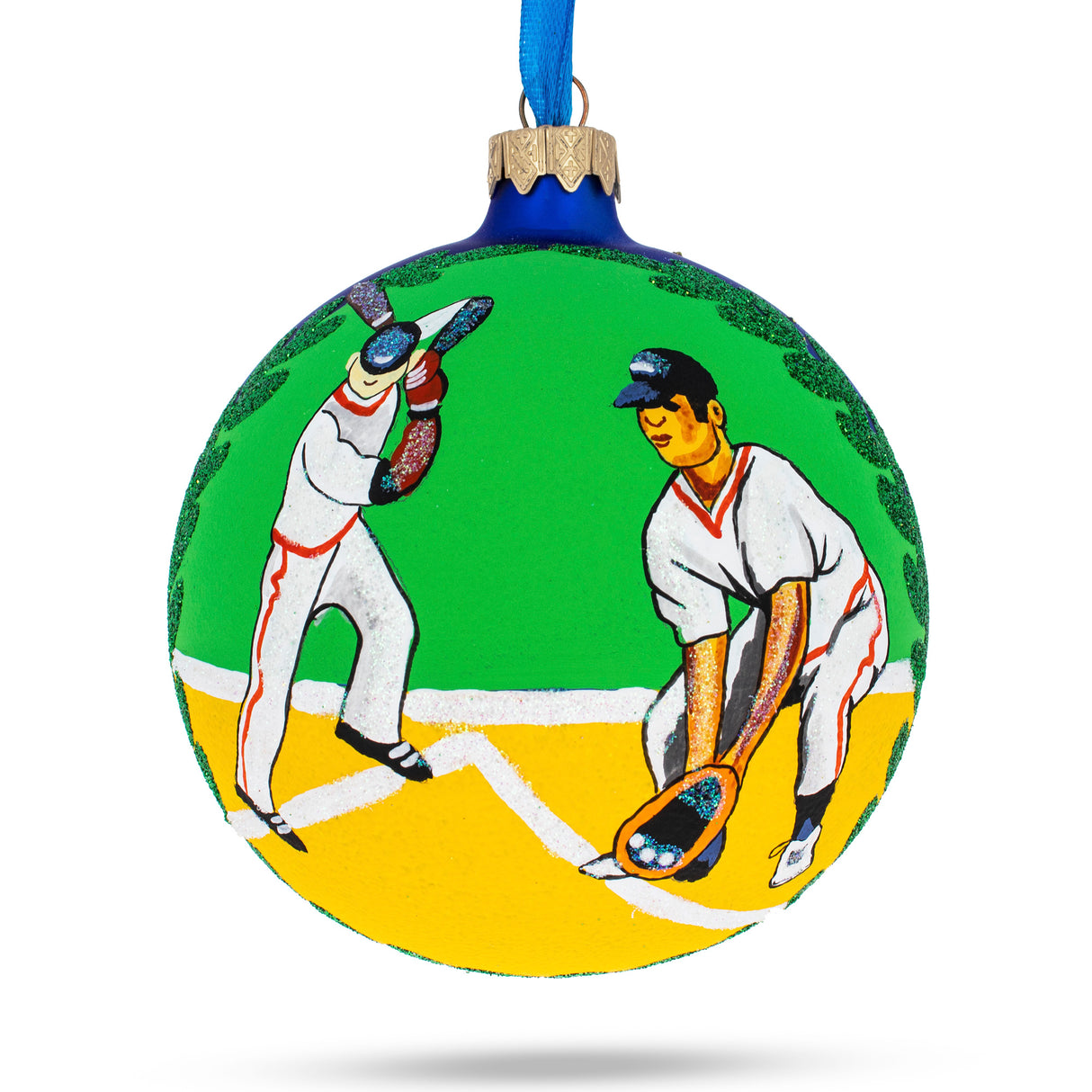 Glass Home Run Heroes: Baseball Players Blown Glass Ball Christmas Ornament 4 Inches in Multi color Round