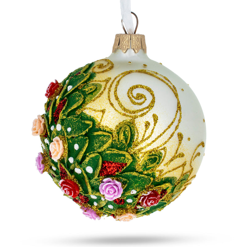 Buy Online Gift Shop Elegant Embossed Roses Bouquet on Pristine White Blown Glass Ball Christmas Ornament 3.25 Inches