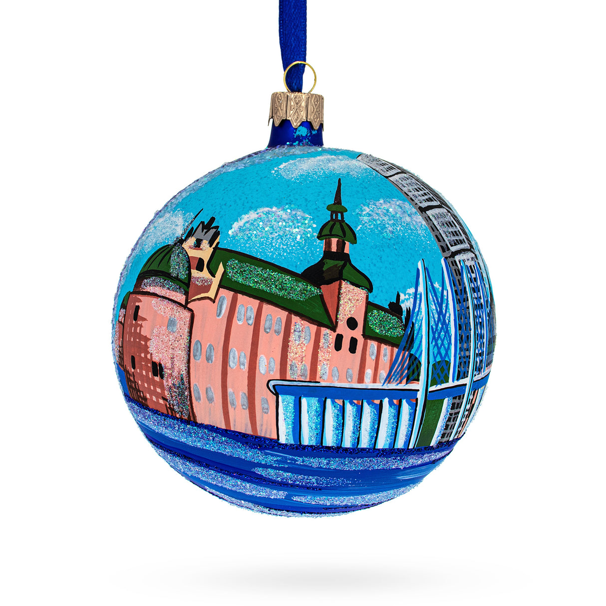 Vadstena Castle, Stockholm, Sweden Glass Ball Christmas Ornament 4 Inches in Blue color, Round shape