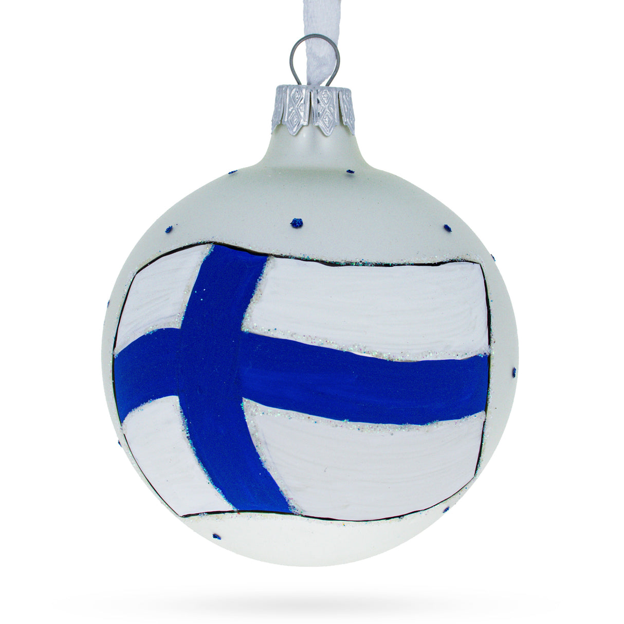 Finnish Pride: Flag of Finland Blown Glass Ball Christmas Ornament 3.25 Inches in Multi color, Round shape