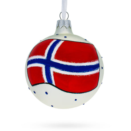 Glass Flag of Norway Blown Glass Ball Christmas Ornament 3.25 Inches in Multi color Round