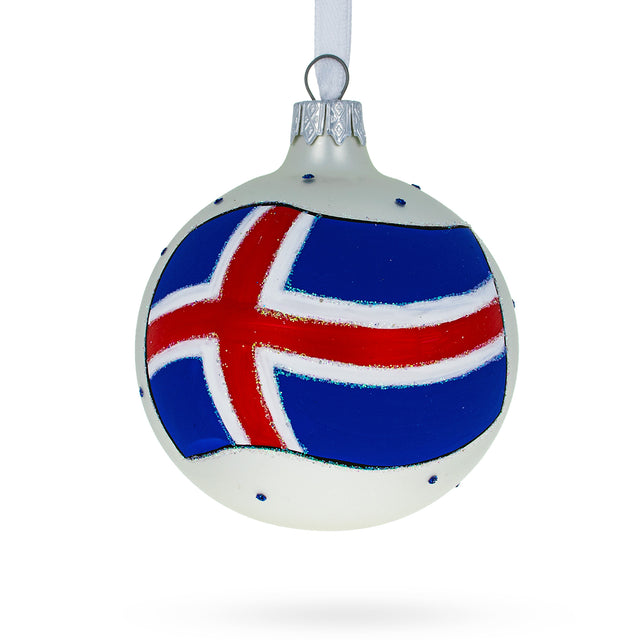 Arctic Brilliance: Flag of Iceland Blown Glass Ball Christmas Ornament 3.25 Inches in Multi color, Round shape