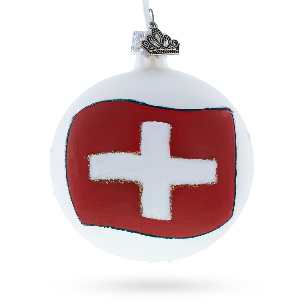Glass Flag of Switzerland Blown Glass Ball Christmas Ornament 3.25 Inches in Multi color Round