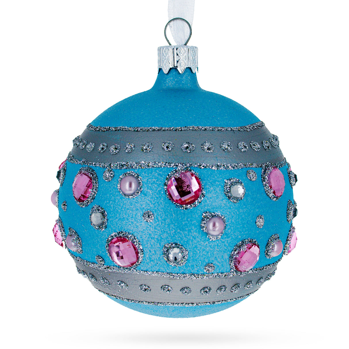 Opulent Elegance: Sapphires and Diamonds Art Nouveau Design Blown Glass Ball Christmas Ornament 3.25 Inches in Blue color, Round shape