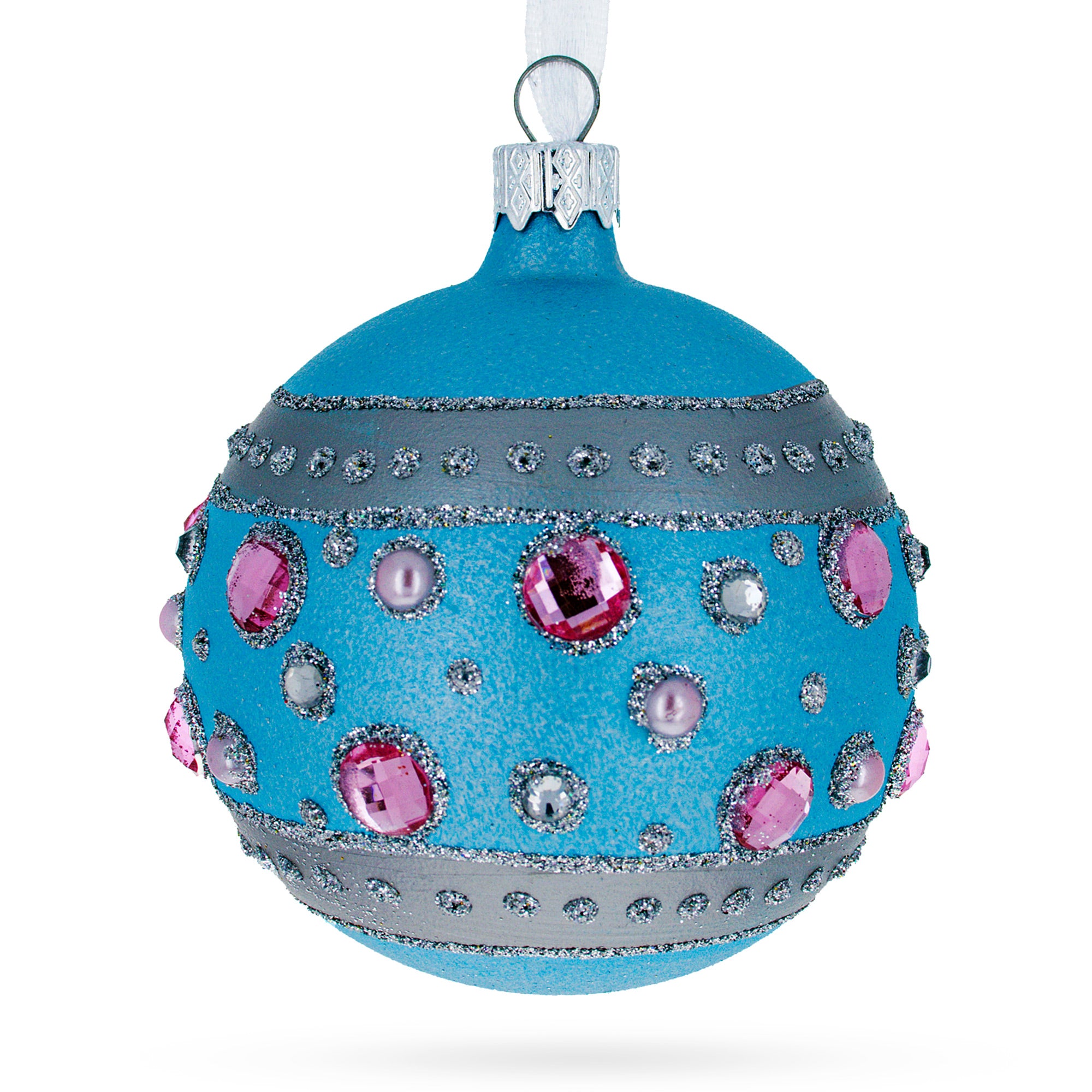Sapphires and Diamonds Art Nouveau Design Glass Ball Christmas Ornament 3.25 Inches in Blue color Round