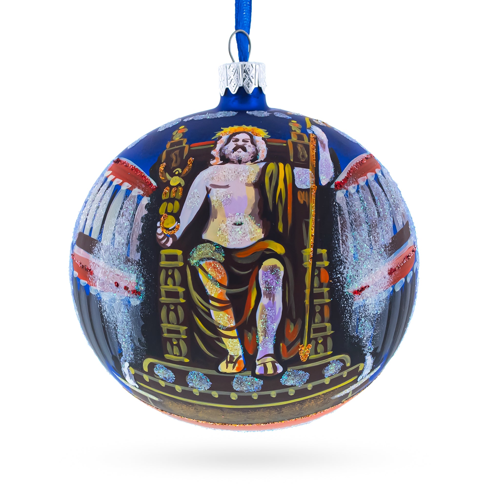 Statue of Zeus in Olympia, Greece Glass Ball Christmas Ornament 4 Inches in Multi color Round