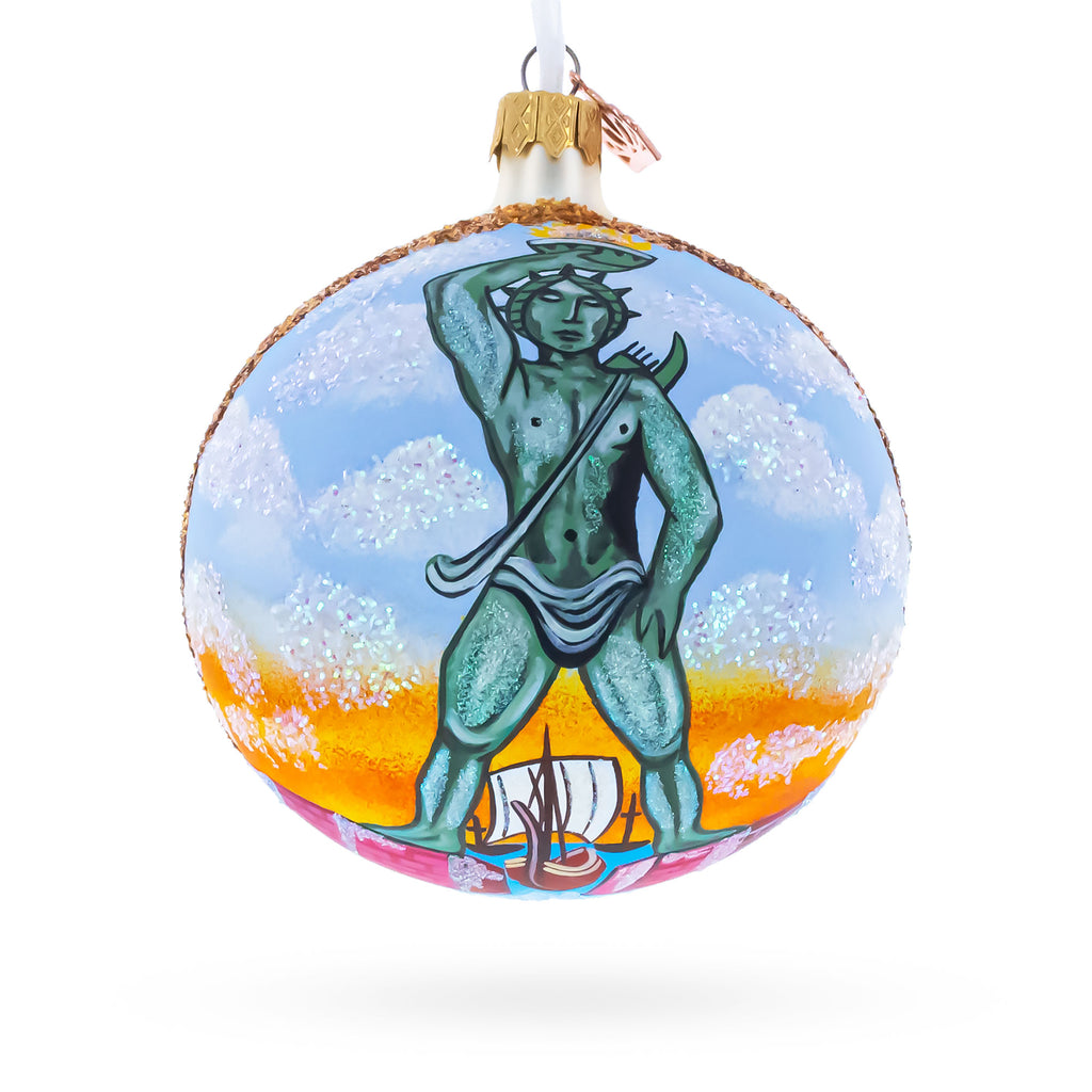 Colossus of Rhodes, Greece Glass Ball Christmas Ornament 4 Inches in Multi color Round